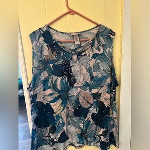 3X tank top, beaded neck polyester, multicolored, blue green